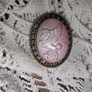 White Unicorn On Pink, Handmade Oval Cameo Brooch in Bronze Metal Frame